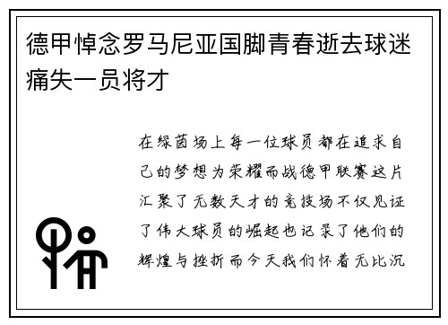 德甲悼念罗马尼亚国脚青春逝去球迷痛失一员将才