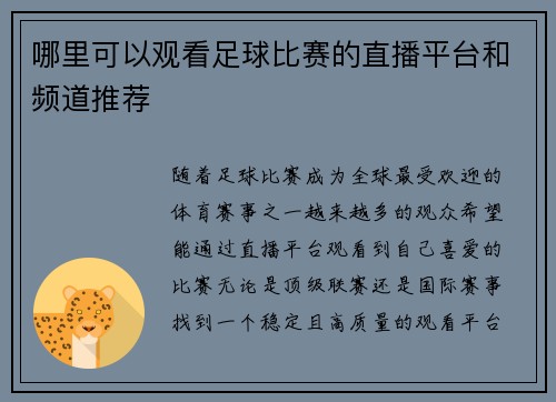 哪里可以观看足球比赛的直播平台和频道推荐